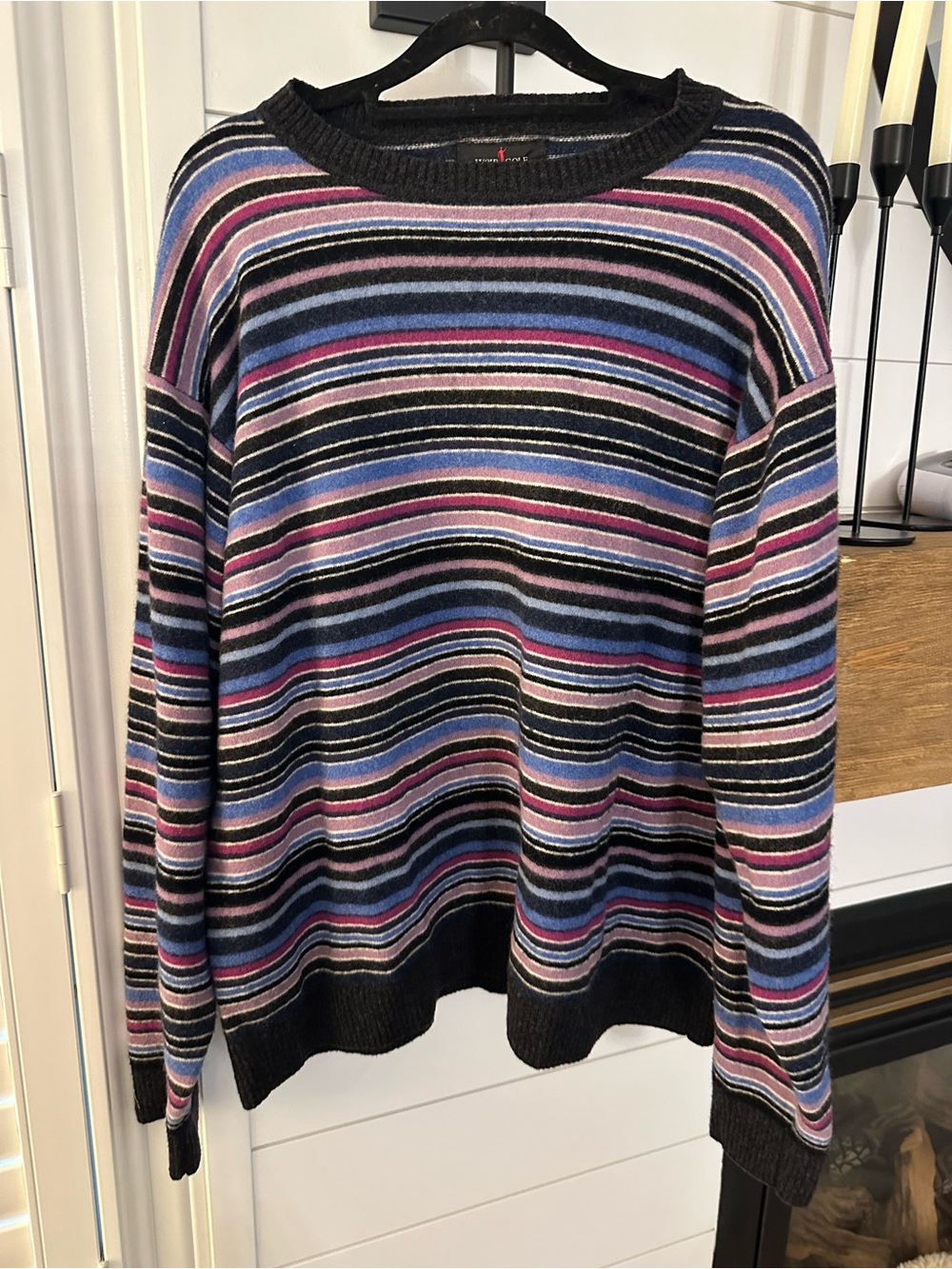 Vintage WOOL & CASHMERE Women’s Striped Crewneck Sweater in Black, Blue & Pink